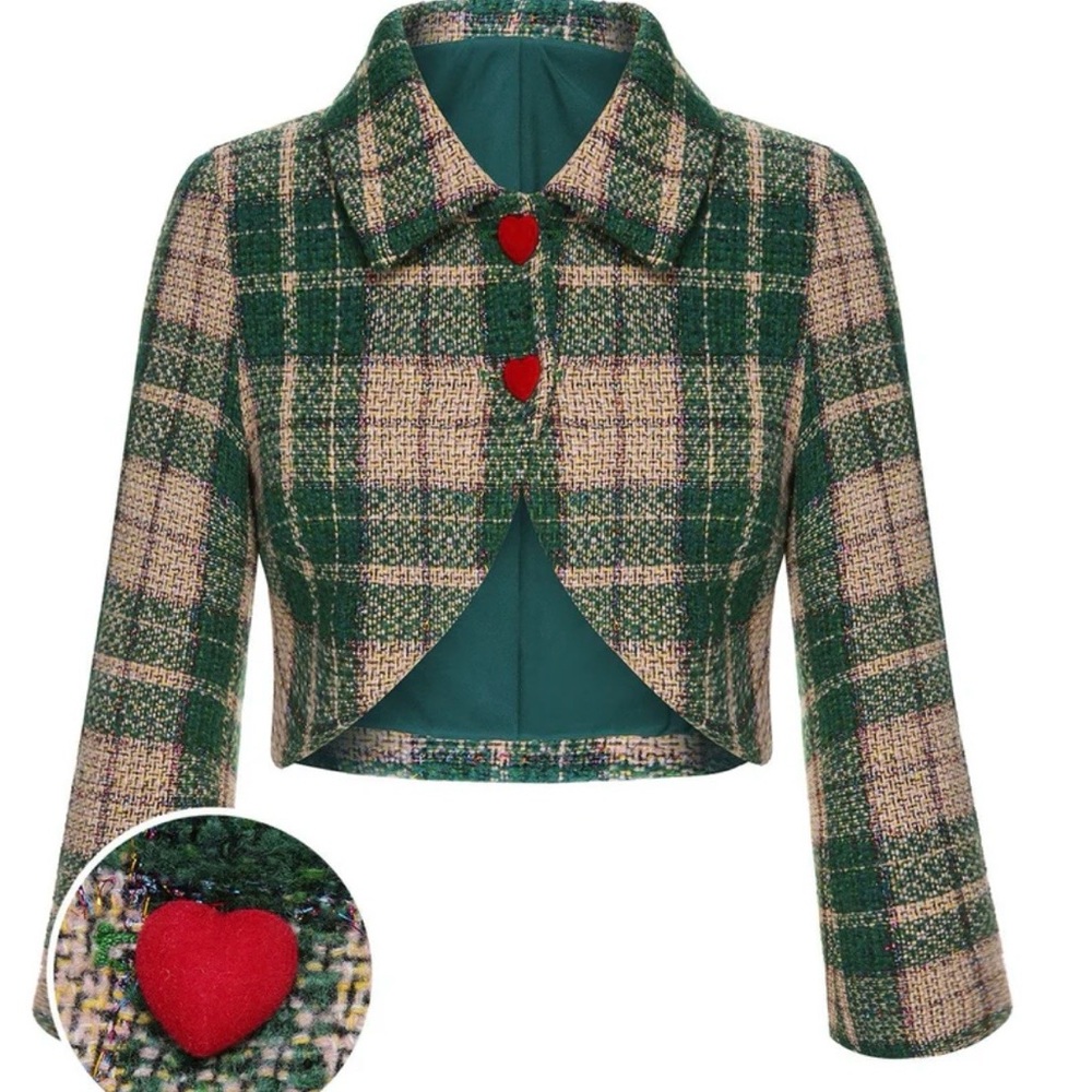 Cropped Green Plaid Tweed Blazer with Red Heart Buttons